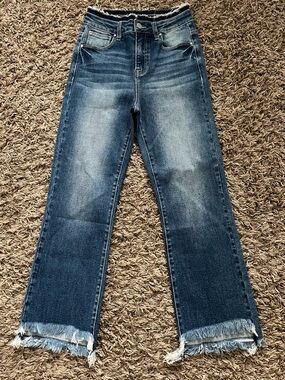 Women's Dark Blue Straight-Leg Jeans with Frayed Hem